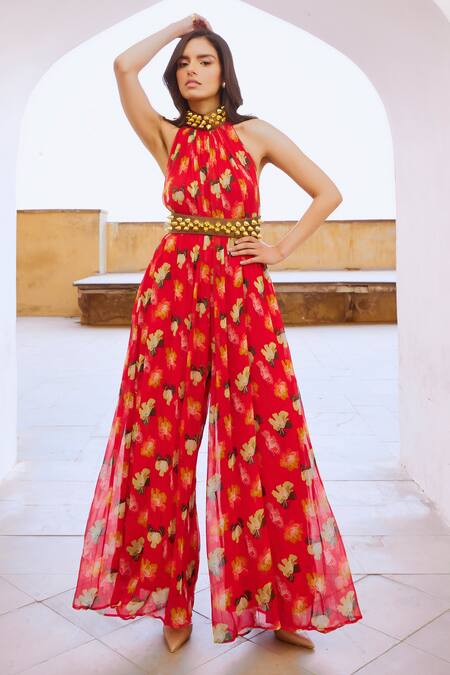 Pallavi Jaipur Red Chiffon Beads, Embroidery Halter Neck Poppy Planet Print Jumpsuit With Belt at Aza Fashions Pallavi Jaipur_Red Chiffon Beads, Embroidery Halter Neck Poppy Planet Print Jumpsuit With Belt _at_Aza_Fashions