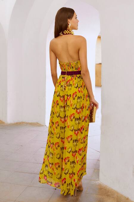 Shop Pallavi Jaipur Green Chiffon Beads, Bows Poppy Planet Print Jumpsuit With Embroidered Belt at Aza Fashions Shop_Pallavi Jaipur_Green Chiffon Beads, Bows Poppy Planet Print Jumpsuit With Embroidered Belt _at_Aza_Fashions