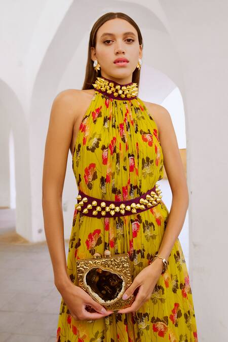 Pallavi Jaipur Green Chiffon Beads, Bows Poppy Planet Print Jumpsuit With Embroidered Belt Online at Aza Fashions Pallavi Jaipur_Green Chiffon Beads, Bows Poppy Planet Print Jumpsuit With Embroidered Belt _Online_at_Aza_Fashions