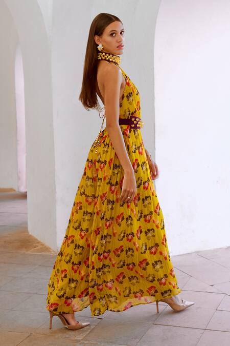 Buy Pallavi Jaipur Green Chiffon Beads, Bows Poppy Planet Print Jumpsuit With Embroidered Belt Online at Aza Fashions Buy_Pallavi Jaipur_Green Chiffon Beads, Bows Poppy Planet Print Jumpsuit With Embroidered Belt _Online_at_Aza_Fashions