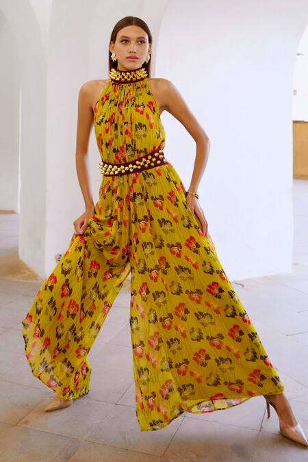 Shop Pallavi Jaipur Green Chiffon Beads, Bows Poppy Planet Print Jumpsuit With Embroidered Belt Online at Aza Fashions Shop_Pallavi Jaipur_Green Chiffon Beads, Bows Poppy Planet Print Jumpsuit With Embroidered Belt _Online_at_Aza_Fashions