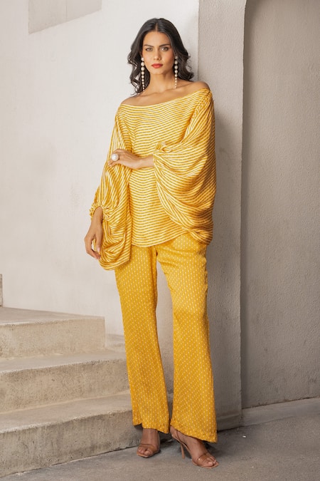Buy Pallavi Jaipur Yellow Silk Off-shoulder Matchstix Print Top And Pant Set Online at Aza Fashions Buy_Pallavi Jaipur_Yellow Silk Off-shoulder Matchstix Print Top And Pant Set _Online_at_Aza_Fashions