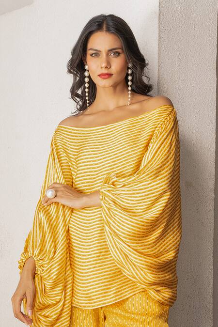 Shop Pallavi Jaipur Yellow Silk Off-shoulder Matchstix Print Top And Pant Set Online at Aza Fashions Shop_Pallavi Jaipur_Yellow Silk Off-shoulder Matchstix Print Top And Pant Set _Online_at_Aza_Fashions