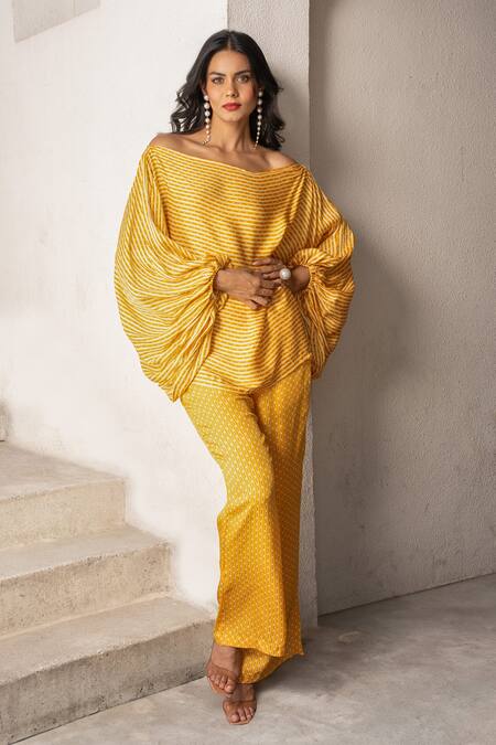 Buy Pallavi Jaipur Yellow Silk Off-shoulder Matchstix Print Top And Pant Set Buy_Pallavi Jaipur_Yellow Silk Off-shoulder Matchstix Print Top And Pant Set