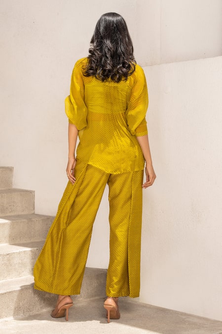 Shop Pallavi Jaipur Green Chiffon, Chanderi Collared Stripe Print Shirt And Pant Set at Aza Fashions Shop_Pallavi Jaipur_Green Chiffon, Chanderi Collared Stripe Print Shirt And Pant Set _at_Aza_Fashions