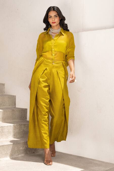 Shop Pallavi Jaipur Green Chiffon, Chanderi Collared Stripe Print Shirt And Pant Set Online at Aza Fashions Shop_Pallavi Jaipur_Green Chiffon, Chanderi Collared Stripe Print Shirt And Pant Set _Online_at_Aza_Fashions