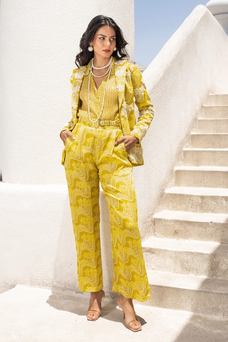 Pallavi Jaipur Green Silk, Chiffon Embroidery, Beads, Pearls Floral Fantasy Print Blazer Set 