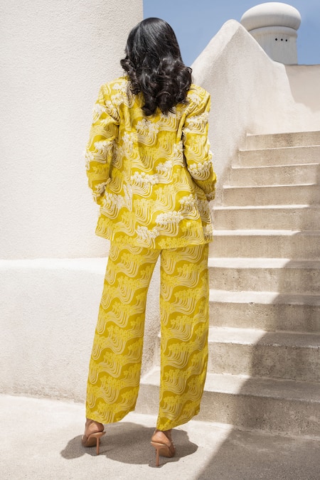 Pallavi Jaipur_Green Silk, Chiffon Embroidery, Beads, Pearls Floral Fantasy Print Blazer Set _Online_at_Aza_Fashions