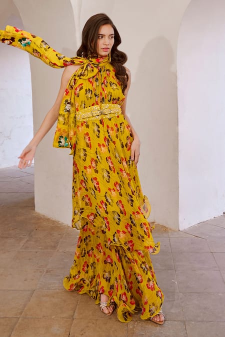 Pallavi Jaipur Green Chiffon, Linen Bows, Pearls, Sequins Halter Poppy Planet Print Maxi Dress 