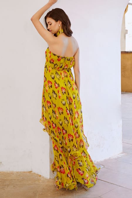 Shop Pallavi Jaipur Green Chiffon, Linen Bows, Pearls, Sequins Halter Poppy Planet Print Maxi Dress at Aza Fashions Shop_Pallavi Jaipur_Green Chiffon, Linen Bows, Pearls, Sequins Halter Poppy Planet Print Maxi Dress _at_Aza_Fashions