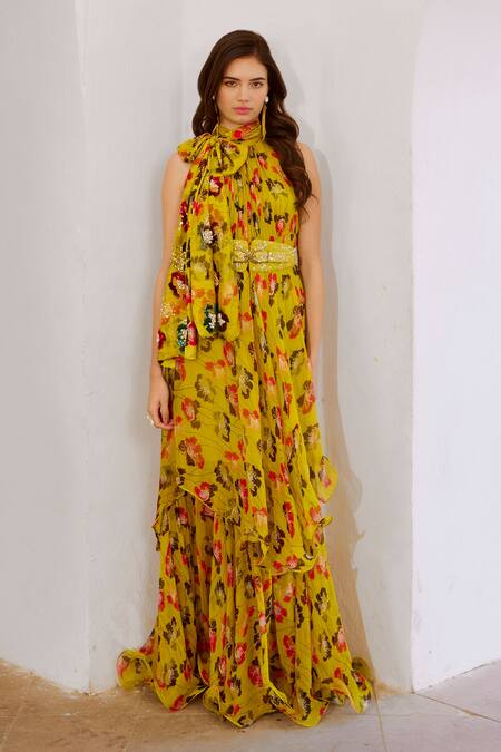 Buy Pallavi Jaipur Green Chiffon, Linen Bows, Pearls, Sequins Halter Poppy Planet Print Maxi Dress Online at Aza Fashions Buy_Pallavi Jaipur_Green Chiffon, Linen Bows, Pearls, Sequins Halter Poppy Planet Print Maxi Dress _Online_at_Aza_Fashions