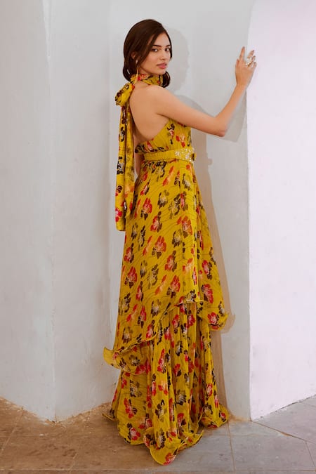 Shop Pallavi Jaipur Green Chiffon, Linen Bows, Pearls, Sequins Halter Poppy Planet Print Maxi Dress Online at Aza Fashions Shop_Pallavi Jaipur_Green Chiffon, Linen Bows, Pearls, Sequins Halter Poppy Planet Print Maxi Dress _Online_at_Aza_Fashions