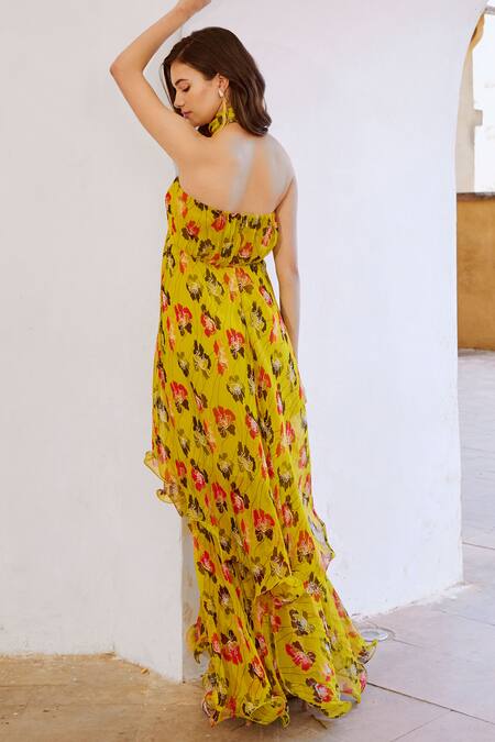 Shop Pallavi Jaipur Green Chiffon, Linen Bows, Sequins Halter Poppy Planet Print Maxi Dress With at Aza Fashions Shop_Pallavi Jaipur_Green Chiffon, Linen Bows, Sequins Halter Poppy Planet Print Maxi Dress With _at_Aza_Fashions