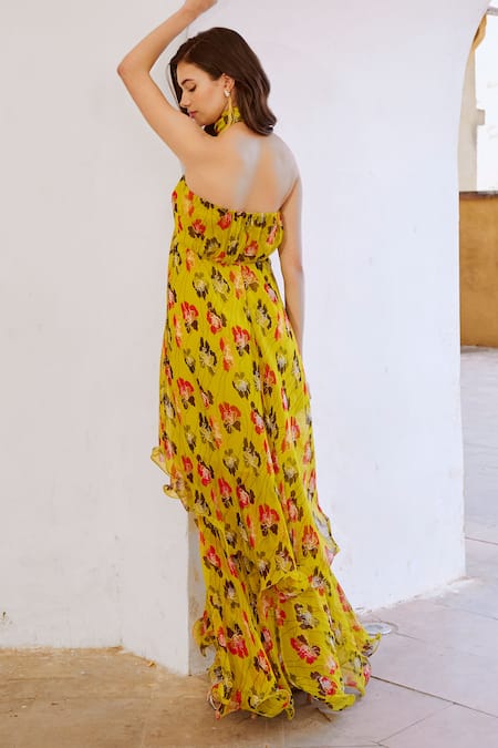 Shop Pallavi Jaipur Green Chiffon, Linen Pearls Halter Neck Poppy Planet Print Maxi Dress With Belt at Aza Fashions Shop_Pallavi Jaipur_Green Chiffon, Linen Pearls Halter Neck Poppy Planet Print Maxi Dress With Belt _at_Aza_Fashions