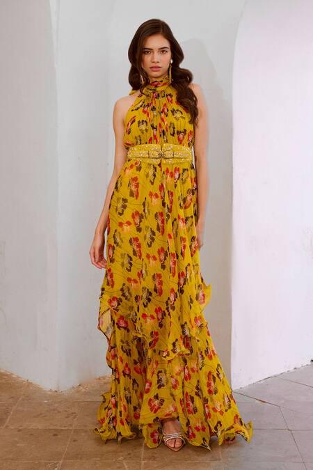 Pallavi Jaipur Green Chiffon, Linen Pearls Halter Neck Poppy Planet Print Maxi Dress With Belt Online at Aza Fashions Pallavi Jaipur_Green Chiffon, Linen Pearls Halter Neck Poppy Planet Print Maxi Dress With Belt _Online_at_Aza_Fashions