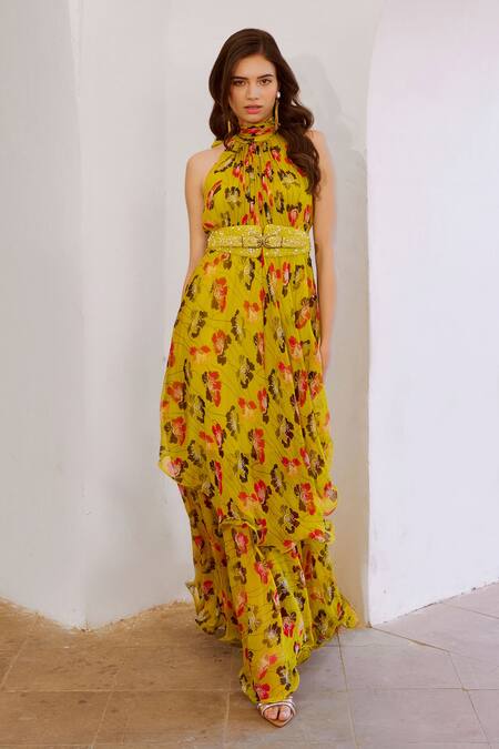 Shop Pallavi Jaipur Green Chiffon, Linen Pearls Halter Neck Poppy Planet Print Maxi Dress With Belt Online at Aza Fashions Shop_Pallavi Jaipur_Green Chiffon, Linen Pearls Halter Neck Poppy Planet Print Maxi Dress With Belt _Online_at_Aza_Fashions