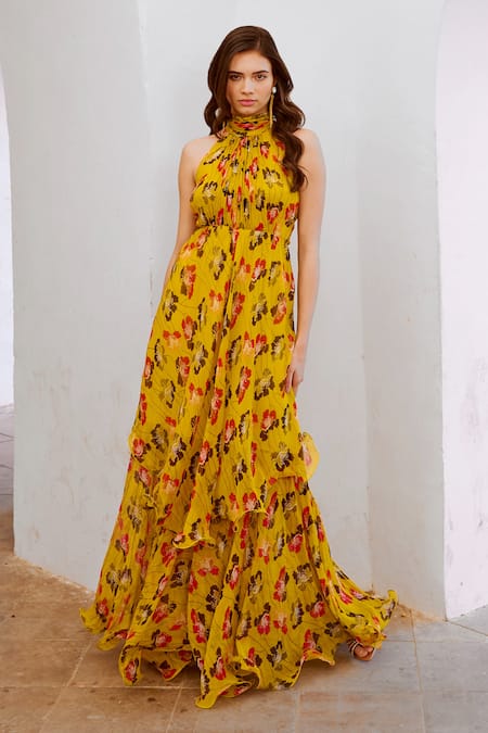 Pallavi Jaipur Green Chiffon, Linen Halter Neck Poppy Planet Print Layered Maxi Dress With Belt 