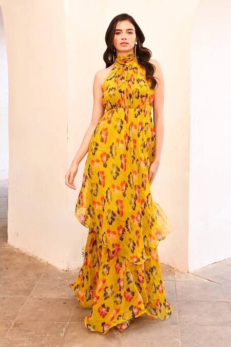 Buy Pallavi Jaipur Green Chiffon, Linen Halter Neck Poppy Planet Print Layered Maxi Dress With Belt Online at Aza Fashions Buy_Pallavi Jaipur_Green Chiffon, Linen Halter Neck Poppy Planet Print Layered Maxi Dress With Belt _Online_at_Aza_Fashions