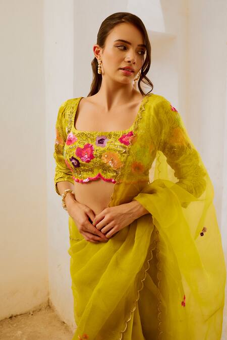 Shop_Pallavi Jaipur_Green Organza, Silk Sequins, Embroidery Square Neck Saree With Blouse _Online_at_Aza_Fashions