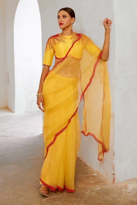 Pallavi Jaipur Yellow Organza, Tussar, Silk Sequins, Cut Embroidered Border Saree With Blouse 