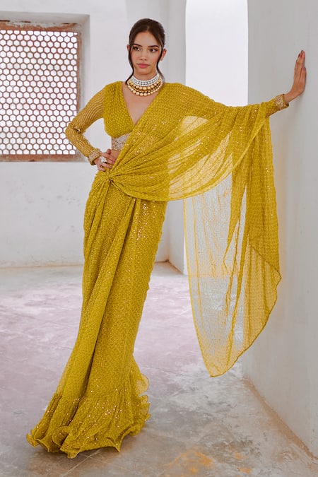 Pallavi Jaipur Pre-Draped Sequin Embroidered Saree With Blouse 