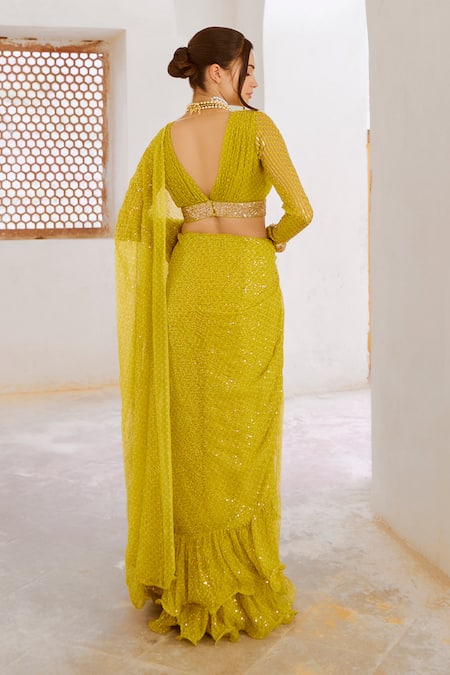 Pallavi Jaipur Green Chiffon, Linen Sequins, Embroidery Plunge Pre-draped Saree With Blouse Online at Aza Fashions Pallavi Jaipur_Green Chiffon, Linen Sequins, Embroidery Plunge Pre-draped Saree With Blouse _Online_at_Aza_Fashions