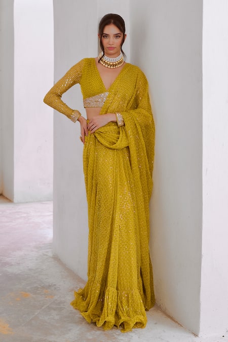 Buy Pallavi Jaipur Green Chiffon, Linen Sequins, Embroidery Plunge Pre-draped Saree With Blouse Online at Aza Fashions Buy_Pallavi Jaipur_Green Chiffon, Linen Sequins, Embroidery Plunge Pre-draped Saree With Blouse _Online_at_Aza_Fashions