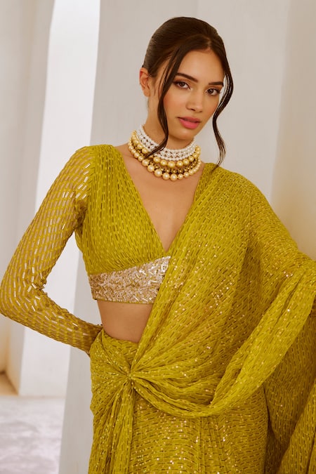 Shop Pallavi Jaipur Green Chiffon, Linen Sequins, Embroidery Plunge Pre-draped Saree With Blouse Online at Aza Fashions Shop_Pallavi Jaipur_Green Chiffon, Linen Sequins, Embroidery Plunge Pre-draped Saree With Blouse _Online_at_Aza_Fashions