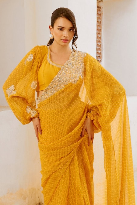 Pallavi Jaipur_Yellow Chiffon, Linen Sequins Matchstix Print Saree With Balloon Sleeve Blouse _Online_at_Aza_Fashions