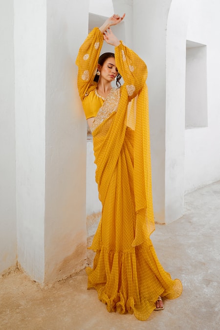 Shop_Pallavi Jaipur_Yellow Chiffon, Linen Sequins Matchstix Print Saree With Balloon Sleeve Blouse _Online_at_Aza_Fashions