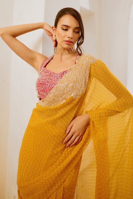 Pallavi Jaipur_Yellow Chiffon, Tussar, Matchstix Print Saree With Rosette Embroidered Blouse _Online_at_Aza_Fashions