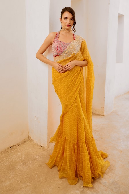 Buy_Pallavi Jaipur_Yellow Chiffon, Tussar, Matchstix Print Saree With Rosette Embroidered Blouse _Online_at_Aza_Fashions