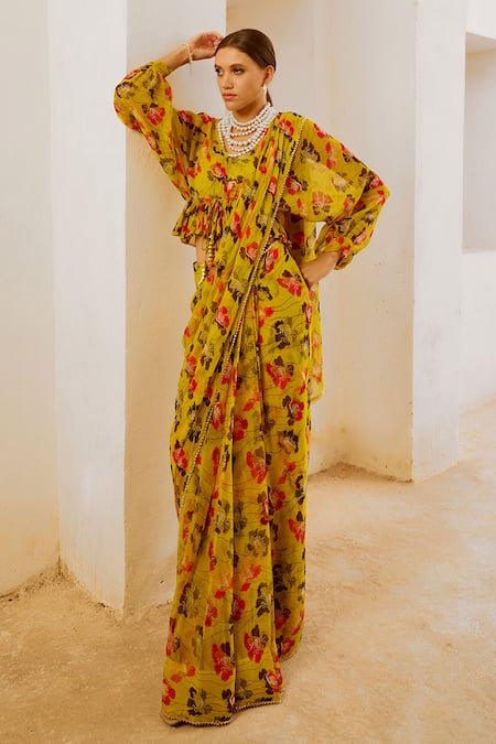 Pallavi Jaipur Green Chiffon Beads, Fringe V-neck Poppy Planet Print Saree With Frilled Blouse 