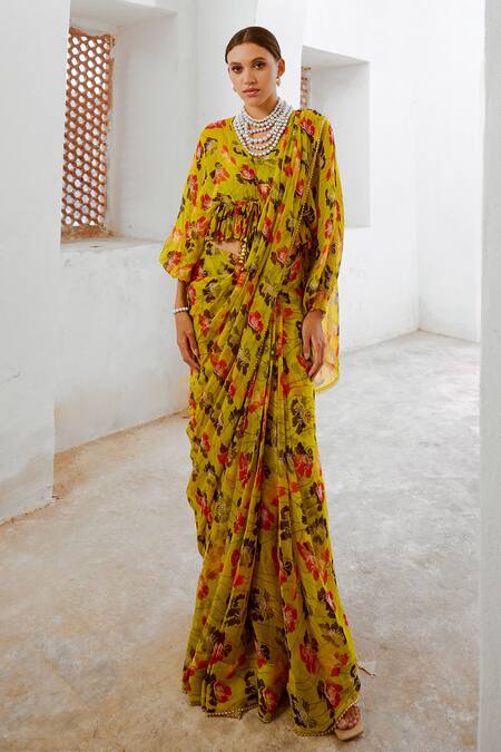 Pallavi Jaipur Green Chiffon Beads, Fringe V-neck Poppy Planet Print Saree With Frilled Blouse Online at Aza Fashions Pallavi Jaipur_Green Chiffon Beads, Fringe V-neck Poppy Planet Print Saree With Frilled Blouse _Online_at_Aza_Fashions