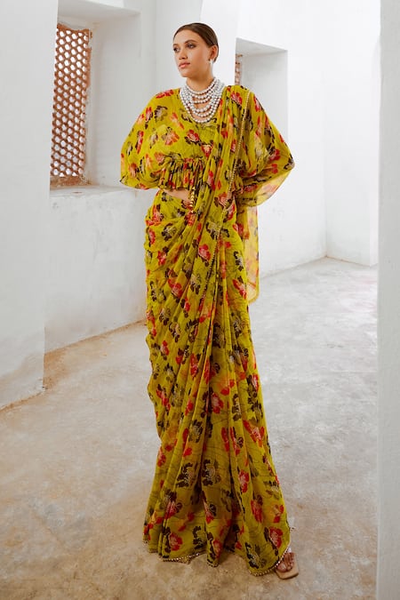 Buy Pallavi Jaipur Green Chiffon Beads, Fringe V-neck Poppy Planet Print Saree With Frilled Blouse Online at Aza Fashions Buy_Pallavi Jaipur_Green Chiffon Beads, Fringe V-neck Poppy Planet Print Saree With Frilled Blouse _Online_at_Aza_Fashions