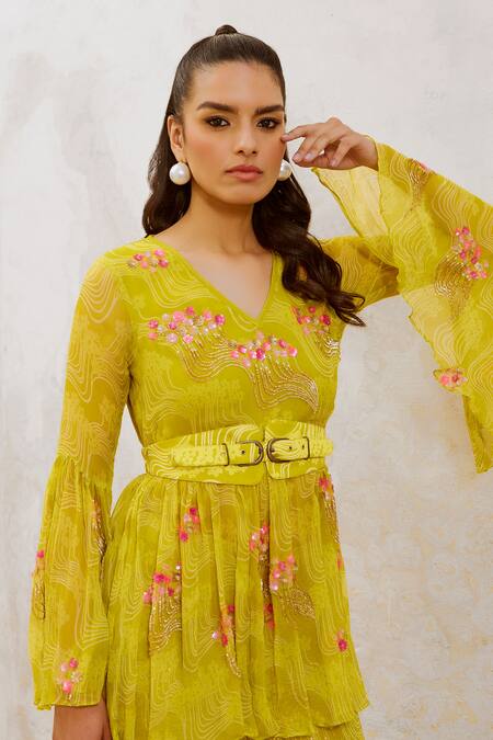 Pallavi Jaipur_Green Chiffon, Linen Sequins, Embroidery V-neck Floral Kurta And Sharara Set _Online_at_Aza_Fashions