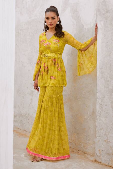 Buy_Pallavi Jaipur_Green Chiffon, Linen Sequins, Embroidery V-neck Floral Kurta And Sharara Set _Online_at_Aza_Fashions