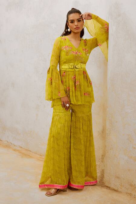 Shop_Pallavi Jaipur_Green Chiffon, Linen Sequins, Embroidery V-neck Floral Kurta And Sharara Set _Online_at_Aza_Fashions