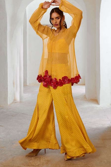 Buy_Pallavi Jaipur_Yellow Chiffon, Silk Contrast Rosette Embroidered Sheer Tunic And Sharara Set _Online_at_Aza_Fashions