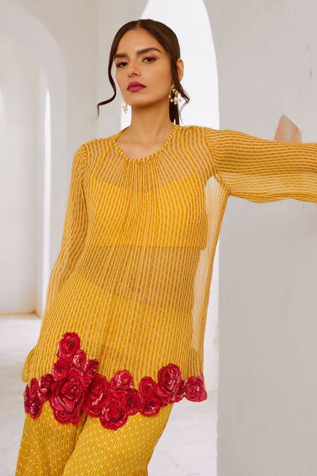 Pallavi Jaipur_Yellow Chiffon, Silk Contrast Rosette Embroidered Sheer Tunic And Sharara Set _at_Aza_Fashions