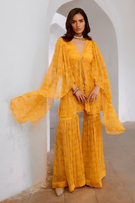Pallavi Jaipur Yellow Chiffon, Linen Sequins, Exaggerated Sleeve Printed Tunic With Sharara