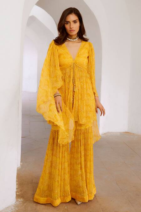 Pallavi Jaipur_Yellow Chiffon, Linen Sequins, Exaggerated Sleeve Printed Tunic With Sharara _Online_at_Aza_Fashions