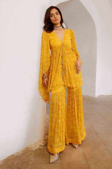 Shop_Pallavi Jaipur_Yellow Chiffon, Linen Sequins, Exaggerated Sleeve Printed Tunic With Sharara _Online_at_Aza_Fashions