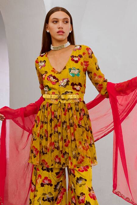 Pallavi Jaipur_Green Chiffon, , Satin Sequins, Floral Poppy Print Tunic And Sharara Set _Online_at_Aza_Fashions