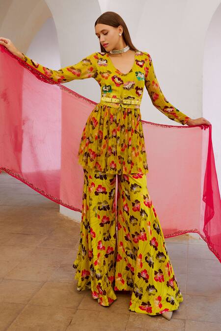 Buy_Pallavi Jaipur_Green Chiffon, , Satin Sequins, Floral Poppy Print Tunic And Sharara Set _Online_at_Aza_Fashions