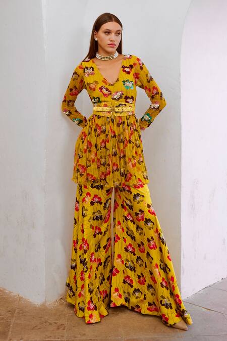 Shop_Pallavi Jaipur_Green Chiffon, , Satin Sequins, Floral Poppy Print Tunic And Sharara Set _Online_at_Aza_Fashions