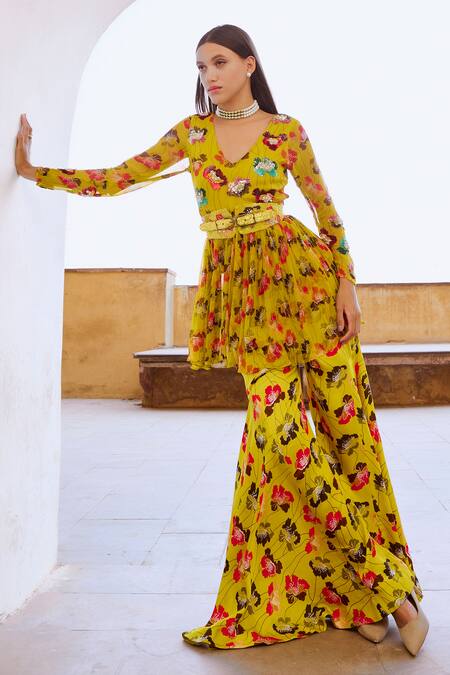 Pallavi Jaipur_Green Chiffon, , Satin Sequins, Floral Poppy Print Tunic And Sharara Set _at_Aza_Fashions