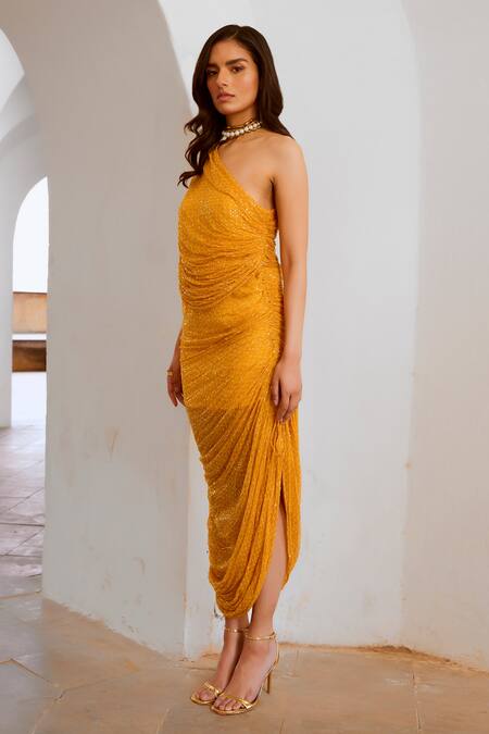 Buy Pallavi Jaipur Yellow Chiffon, Linen Sequins Asymmetric, One Shoulder Matchstix Print Dress Online at Aza Fashions Buy_Pallavi Jaipur_Yellow Chiffon, Linen Sequins Asymmetric, One Shoulder Matchstix Print Dress _Online_at_Aza_Fashions