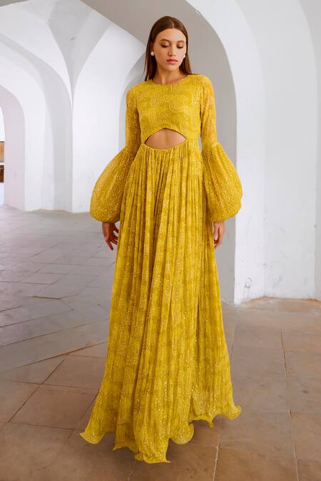 Pallavi Jaipur Green Chiffon, Linen Sequins, Embroidery Round Neck Jugnu Dress Online at Aza Fashions Pallavi Jaipur_Green Chiffon, Linen Sequins, Embroidery Round Neck Jugnu Dress _Online_at_Aza_Fashions