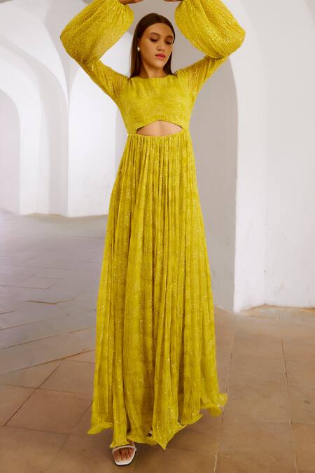 Buy Pallavi Jaipur Green Chiffon, Linen Sequins, Embroidery Round Neck Jugnu Dress Online at Aza Fashions Buy_Pallavi Jaipur_Green Chiffon, Linen Sequins, Embroidery Round Neck Jugnu Dress _Online_at_Aza_Fashions